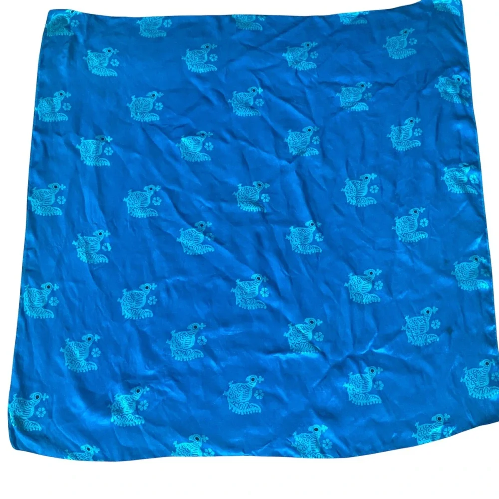 Blue Silk Square Scarf Bird Floral Pattern Turquoise Satin Finish 28x28